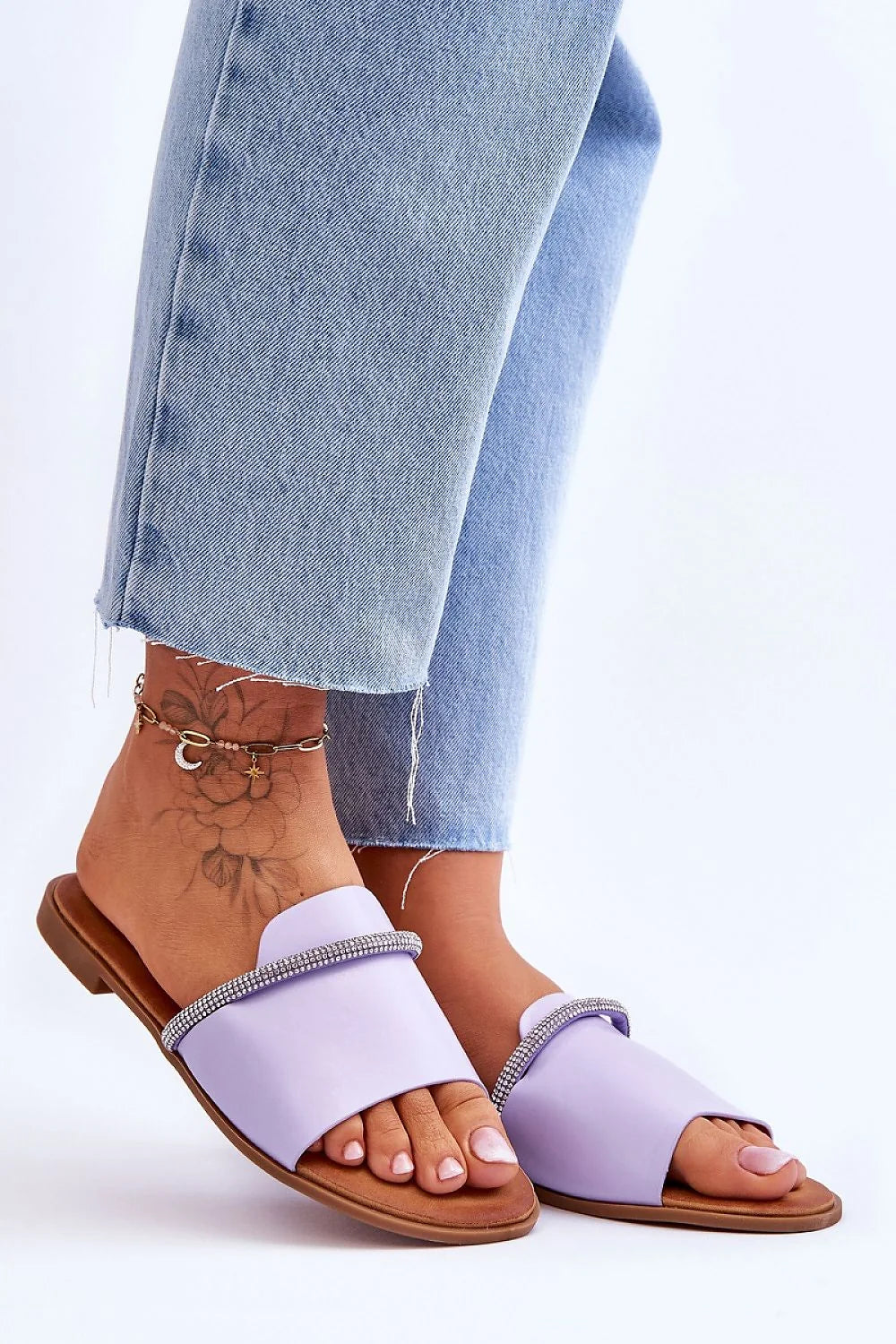Sandales féminines design élégant strass cuir artificiel semelle cushioned mules ouvertes orteils à découvert couleur lavage pâle