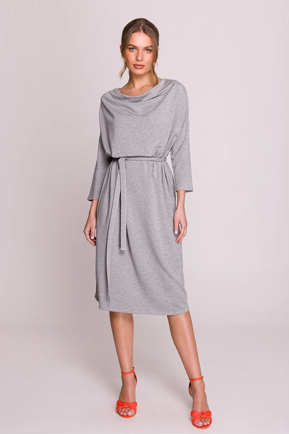 Robe midi femmes élégante style minimaliste coupe droite manches longues col drapé tissu doux couleur grise