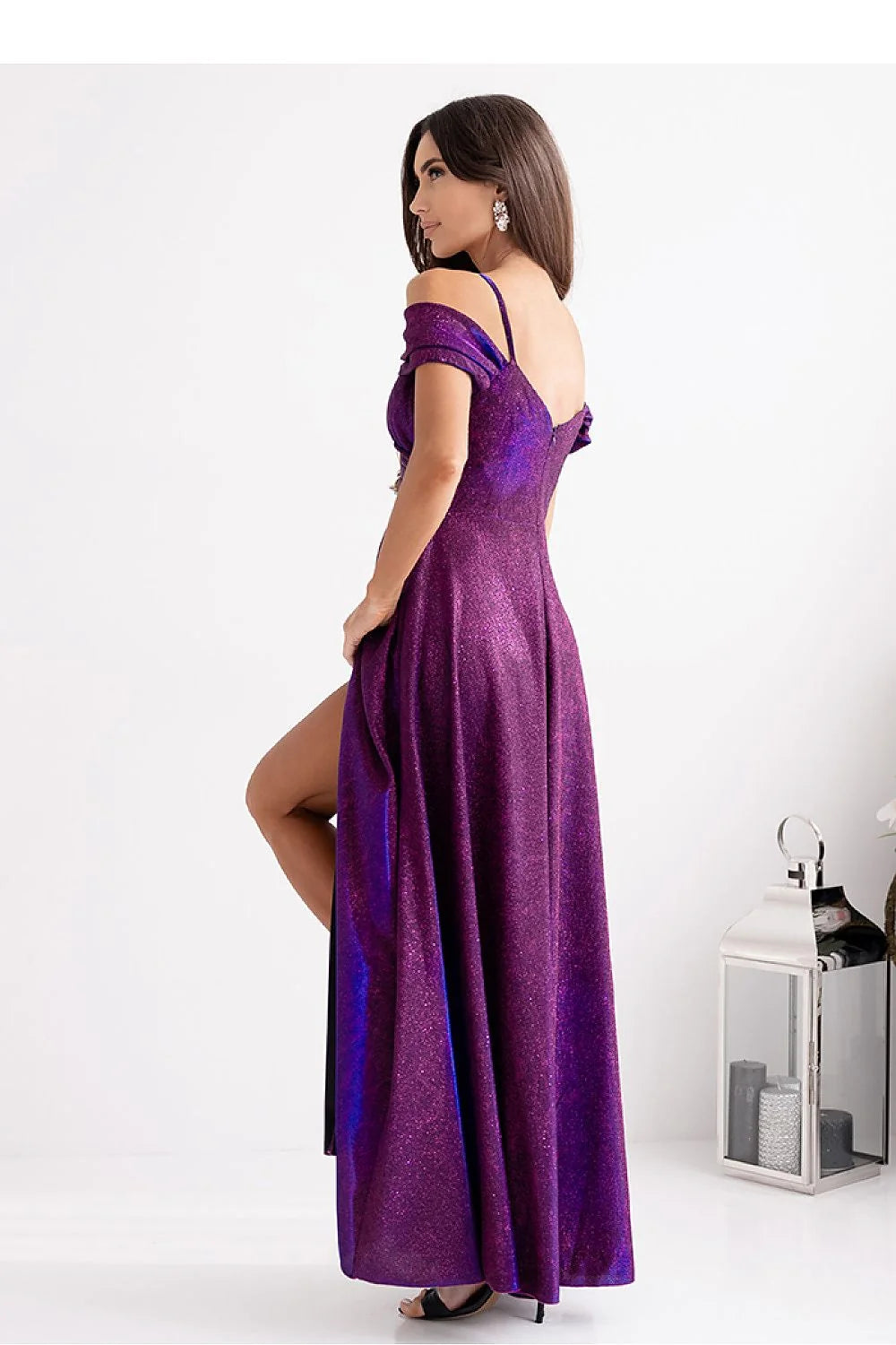 Robe longue élégante en V manches courtes fente haute tissu scintillant couleur violet nuit soirée femmes