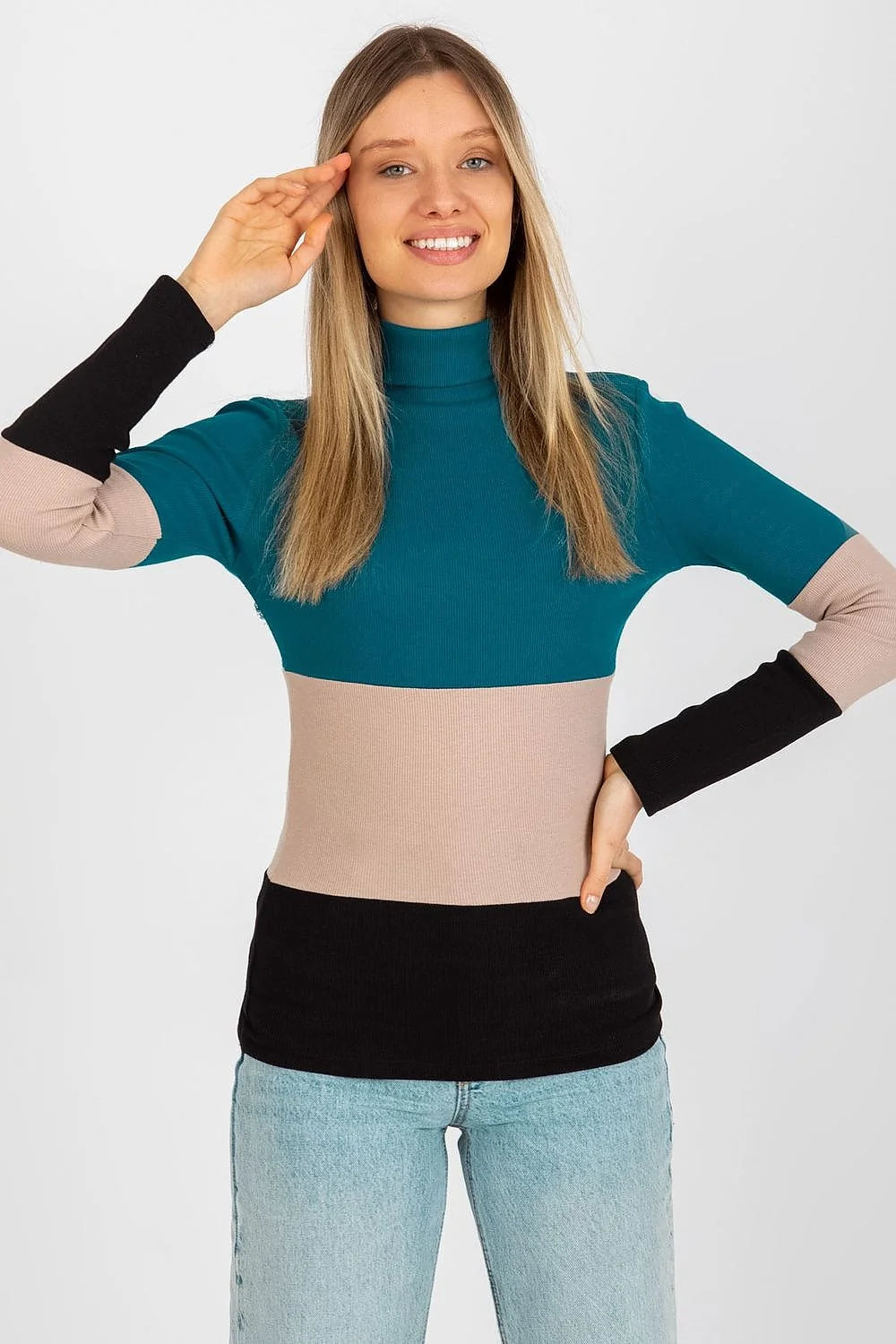 Pull col roulé multicolore maille côtelée coton élasthanne bleu rose vert ajusté manches longues ourlets nets design moderne