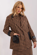 Veste pour femme élégante moderne motif pied-de-poule noir camel cuir écologique col matelassé manches longues boutonnage double