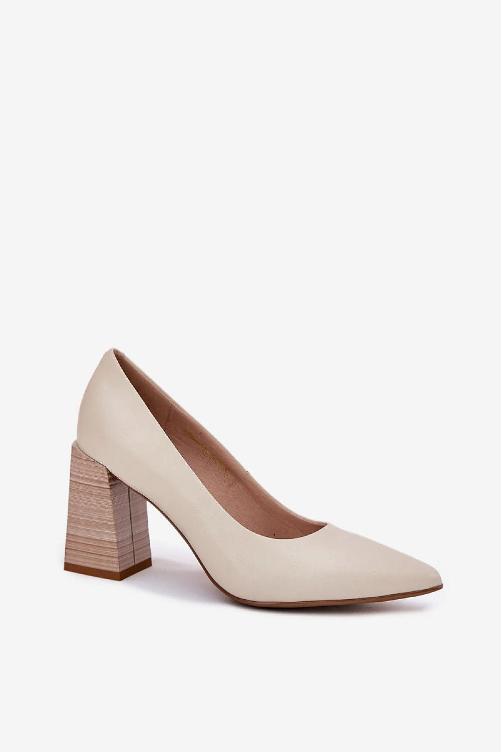 escarpins femme beige cuir naturel bout pointu talon bloc moyen empilé effet bois bracelet cheville dorée