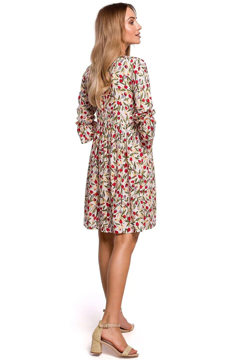robe évasée viscose fluide imprimé floral noir délicat blanc rose vert manches troisquarts fronces col rond taille empire courte légère