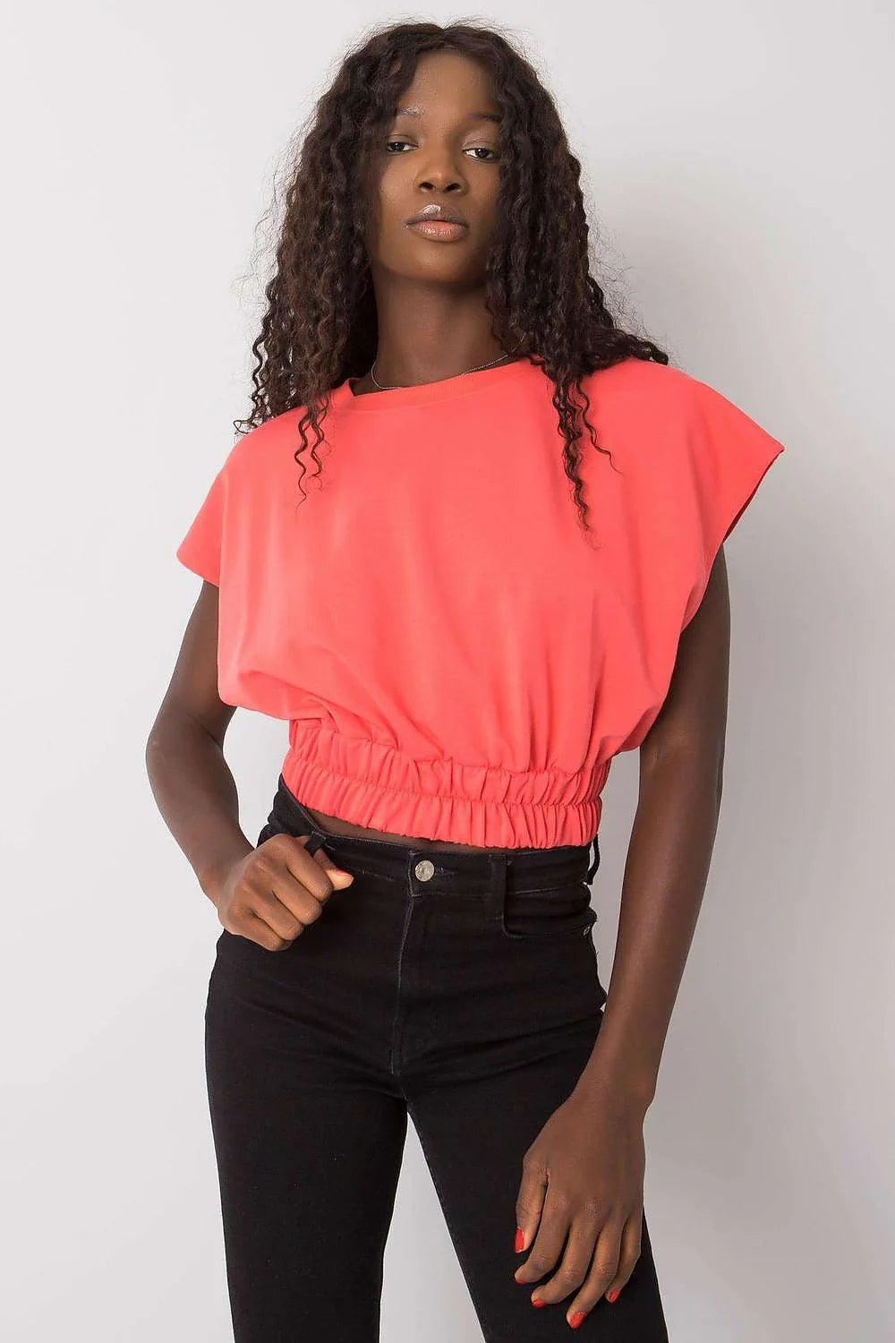 Haut pour femme sweatshirt Fancy coupe ample manches courtes bande élastique corail vif coton léger