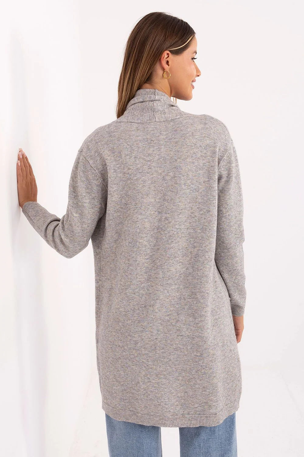 cardigan femme long ouvert maille douce gris chiné col châle coupe droite manches longues poches plaquées ourlets côtelés mi cuisses