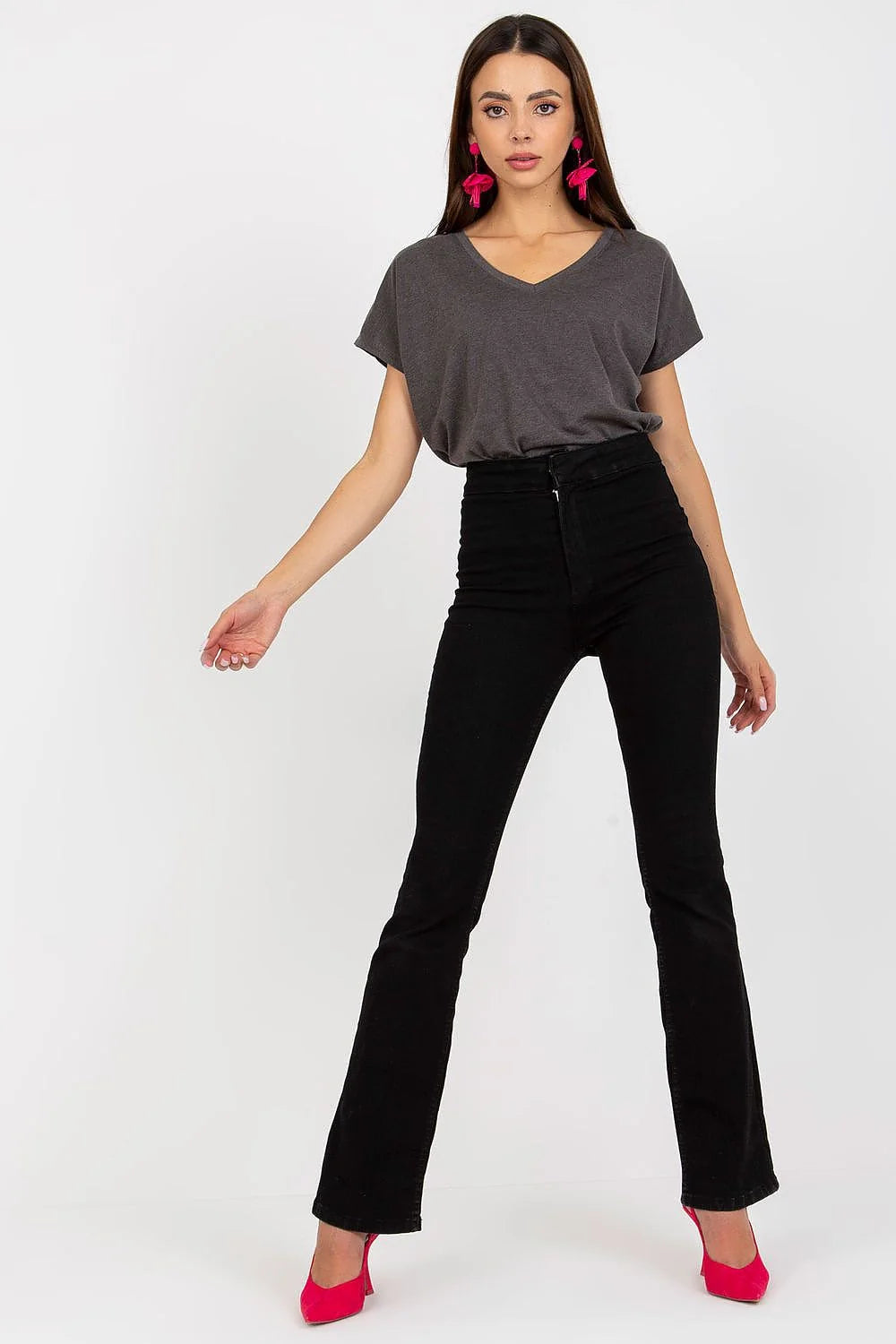 T-shirt femme décontracté couleur marron terre V-neck coton élasthanne loose quotidien