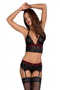 Ensemble de lingerie sexy Obsessive Lingerie trois pièces Soutien-gorge sans armature Porte-jarretelles String Dentelle noire Velours marron Femmes