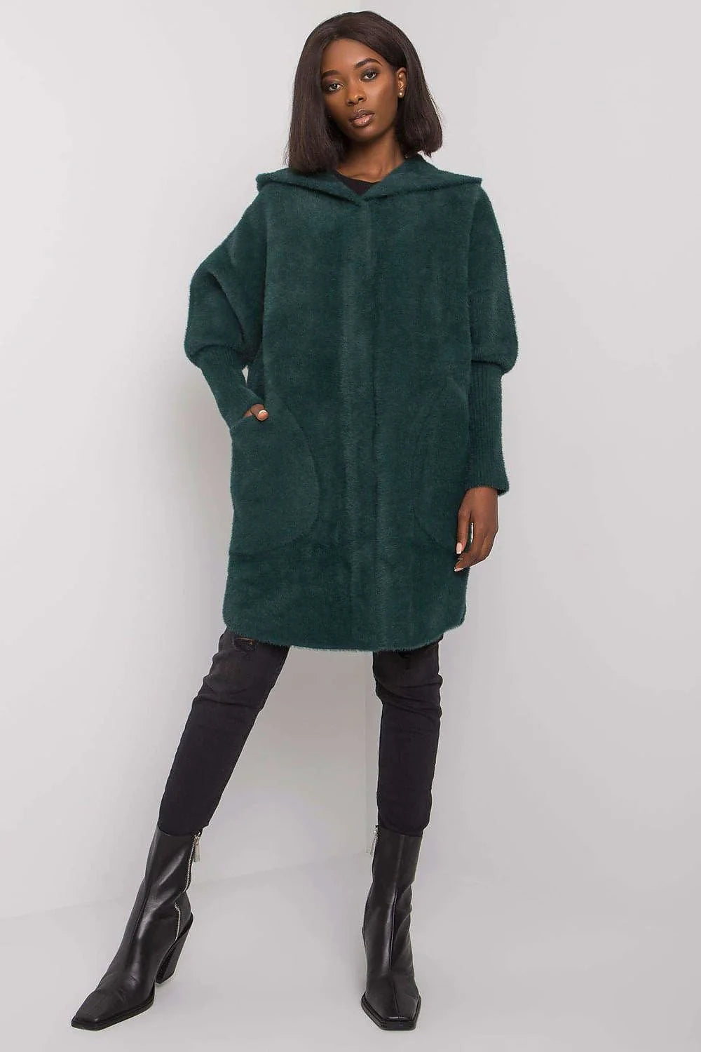 Manteau pour femme long élégant vert profond capuche matière douce poches latérales universelle femmes automne hiver