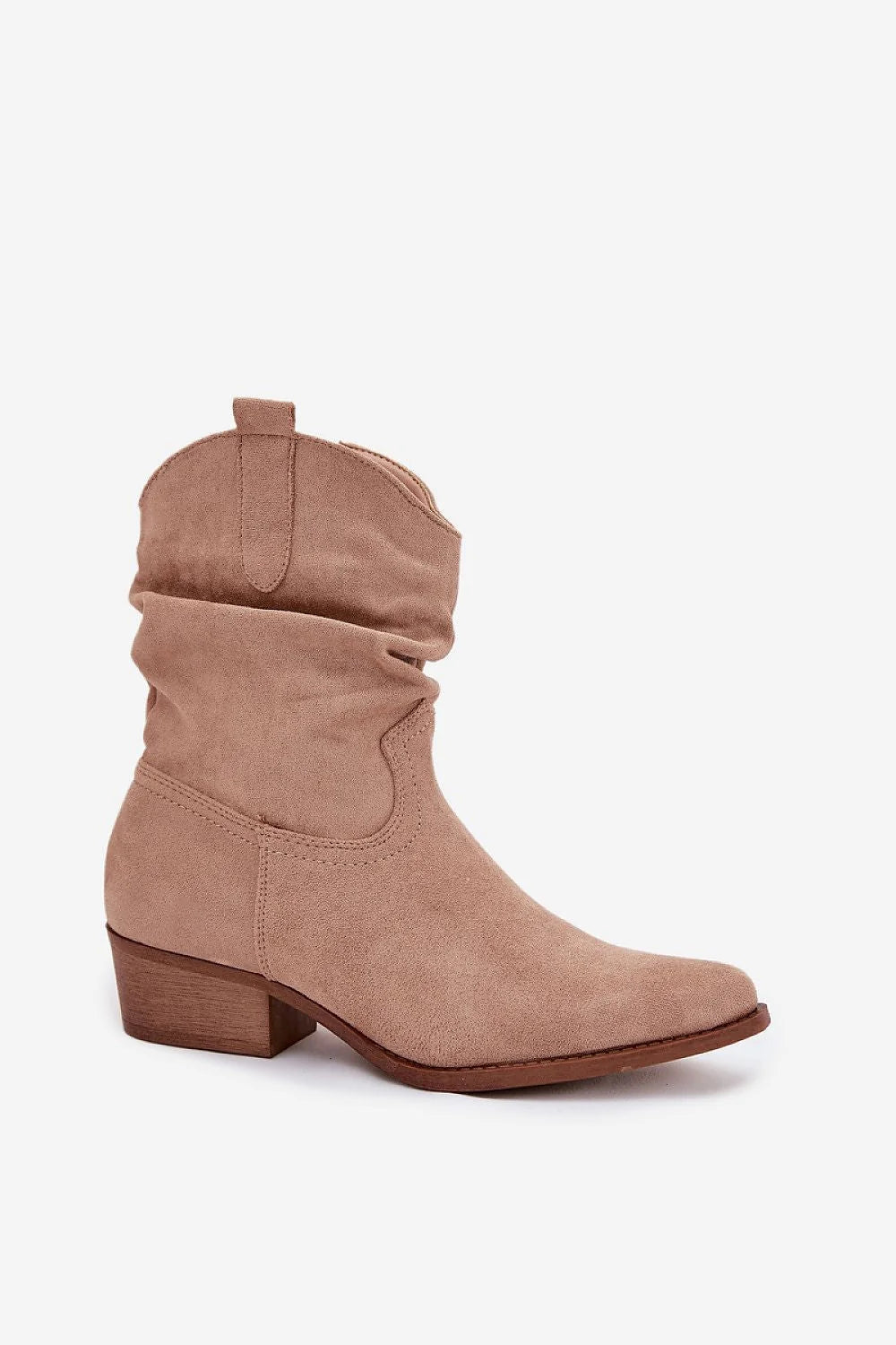 bottines femme suédine écologique taupe talon carré confort bout amande fermeture éclair tige plissée style western surpiqûres semelle contrastée boho