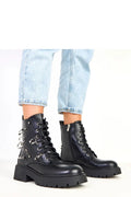 bottines femme biker noir cuirsynthétique bouclesdécoratives doubleboucle fermetureéclair lacets semellecrantée plateforme talon5cm tige15cm boutrond ornementsmétalliques oeilletsrivets anneauxargentés confortables antidérapantes robustes