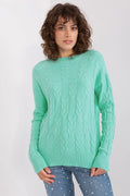 Chandail pour femme classique élégant en vert menthe maille douce motif côtelé manches longues col rond coupe ample