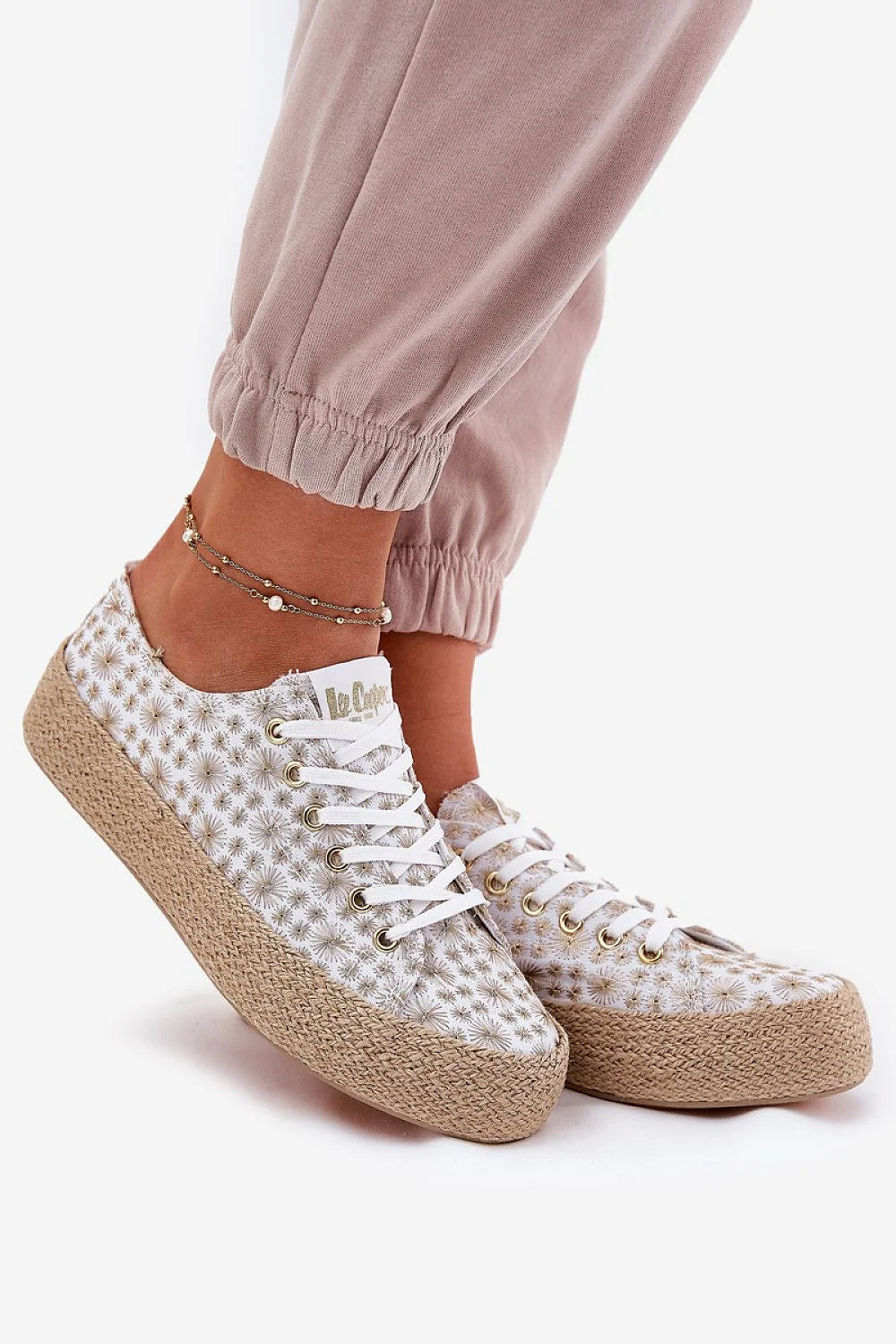Baskets femme style bohème motif floral doré semelle jute confortable occasion quotidienne et vacances