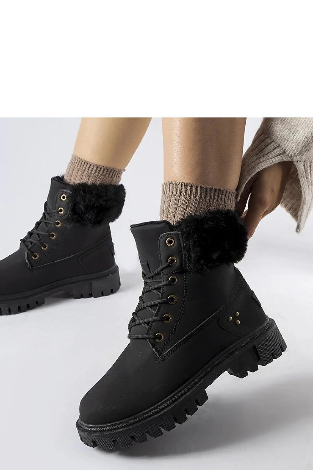 Bottes Solea femmes simili-cuir noir fausse fourrure hiver haute cheville lacets métal doré adhérence glisse occasion automne-hiver mode élégant
