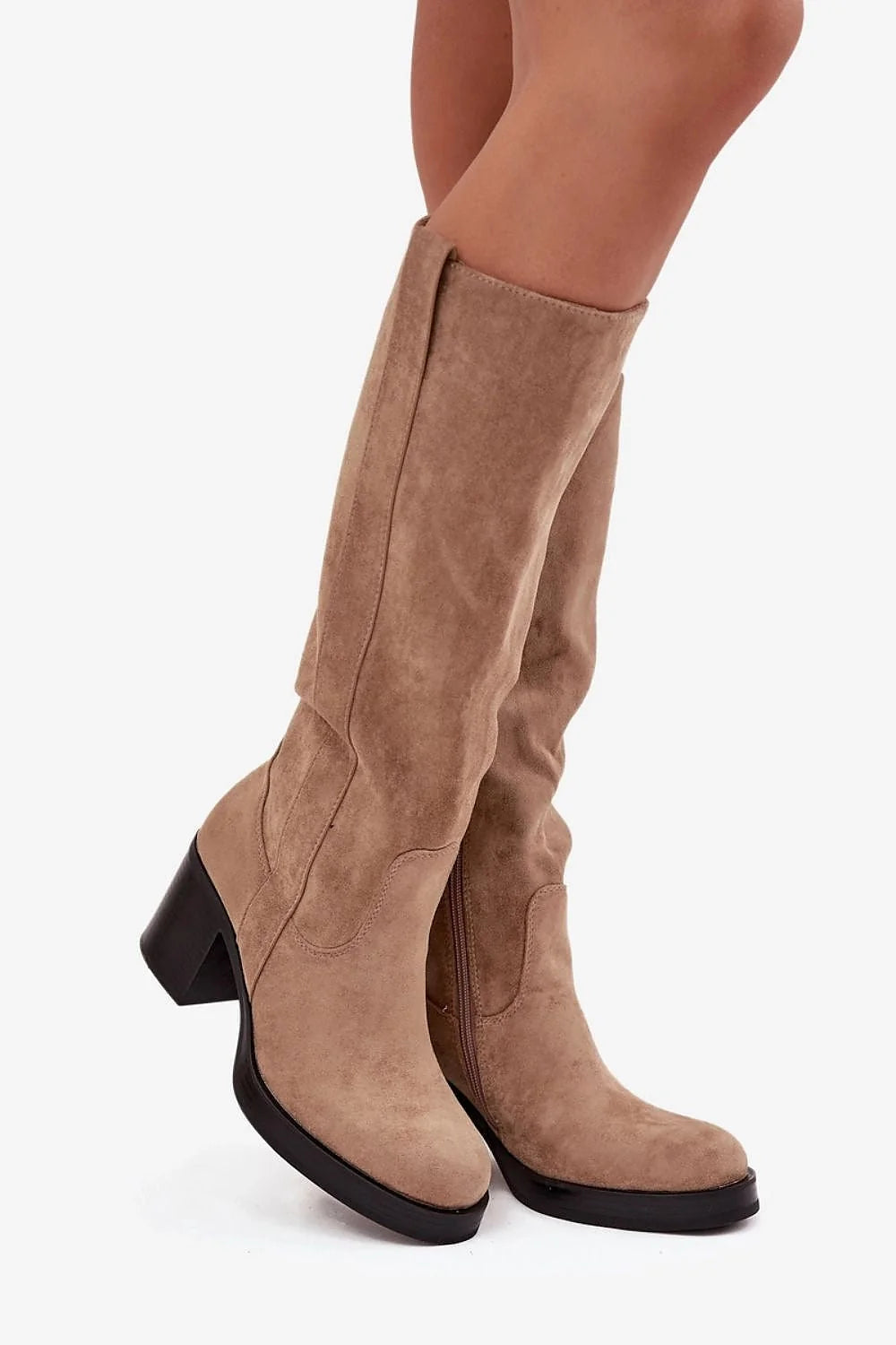 bottes femme mi mollet suédine écologique taupe effet daim talon colonne massif semelle crantée noire doublure molletonnée thermique
