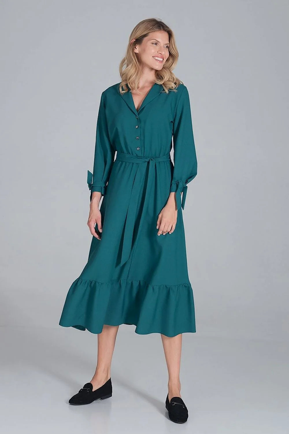 Robe élégante en polyester bleu ciel, style décontracté chic, manches longues, ceinture pour femme
