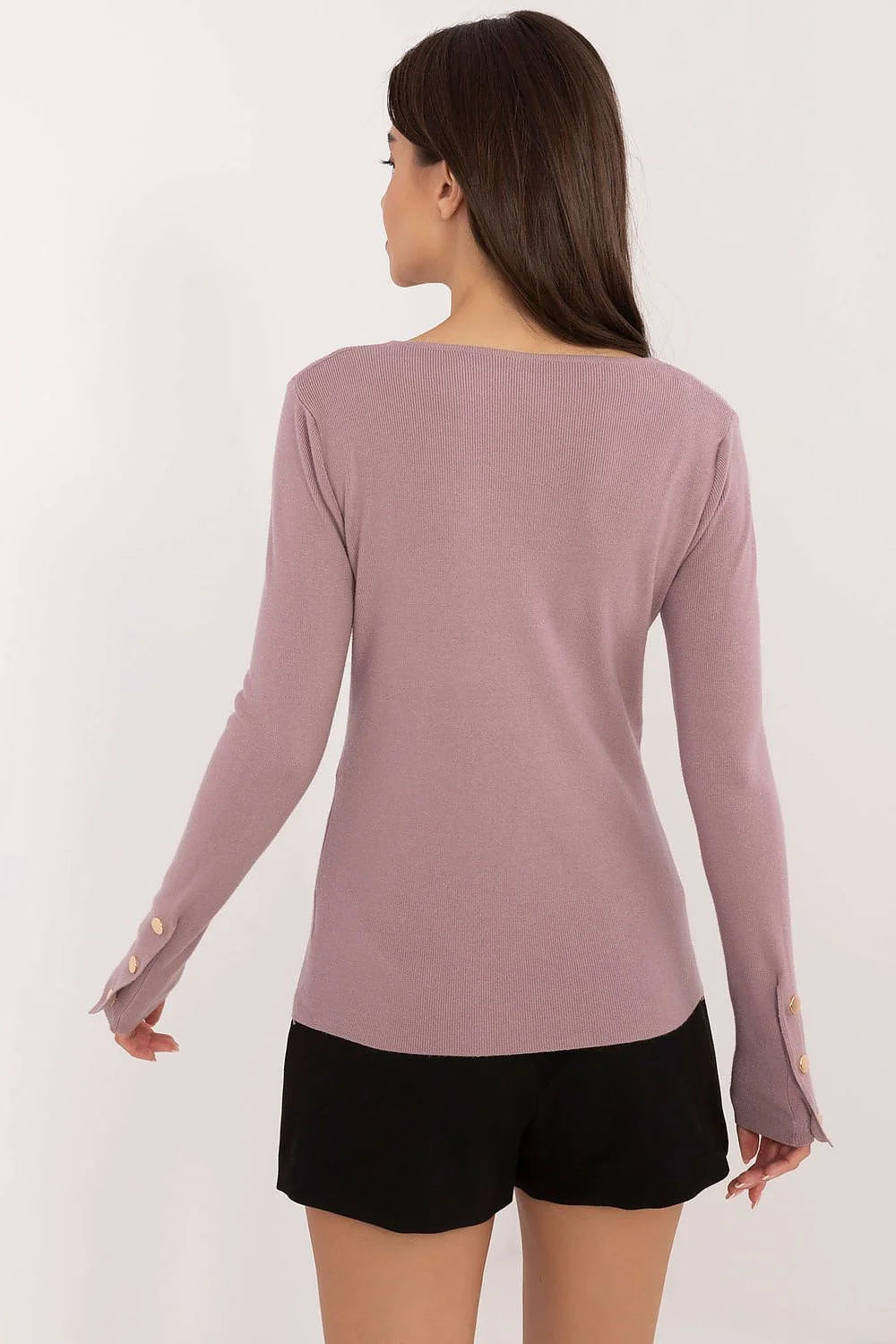 Pull femme élégant en viscose, polyamide et polyester, manches longues boutons décoratifs, encolure en V, couleur mauve, coupe ajustée, style casual et professionnel