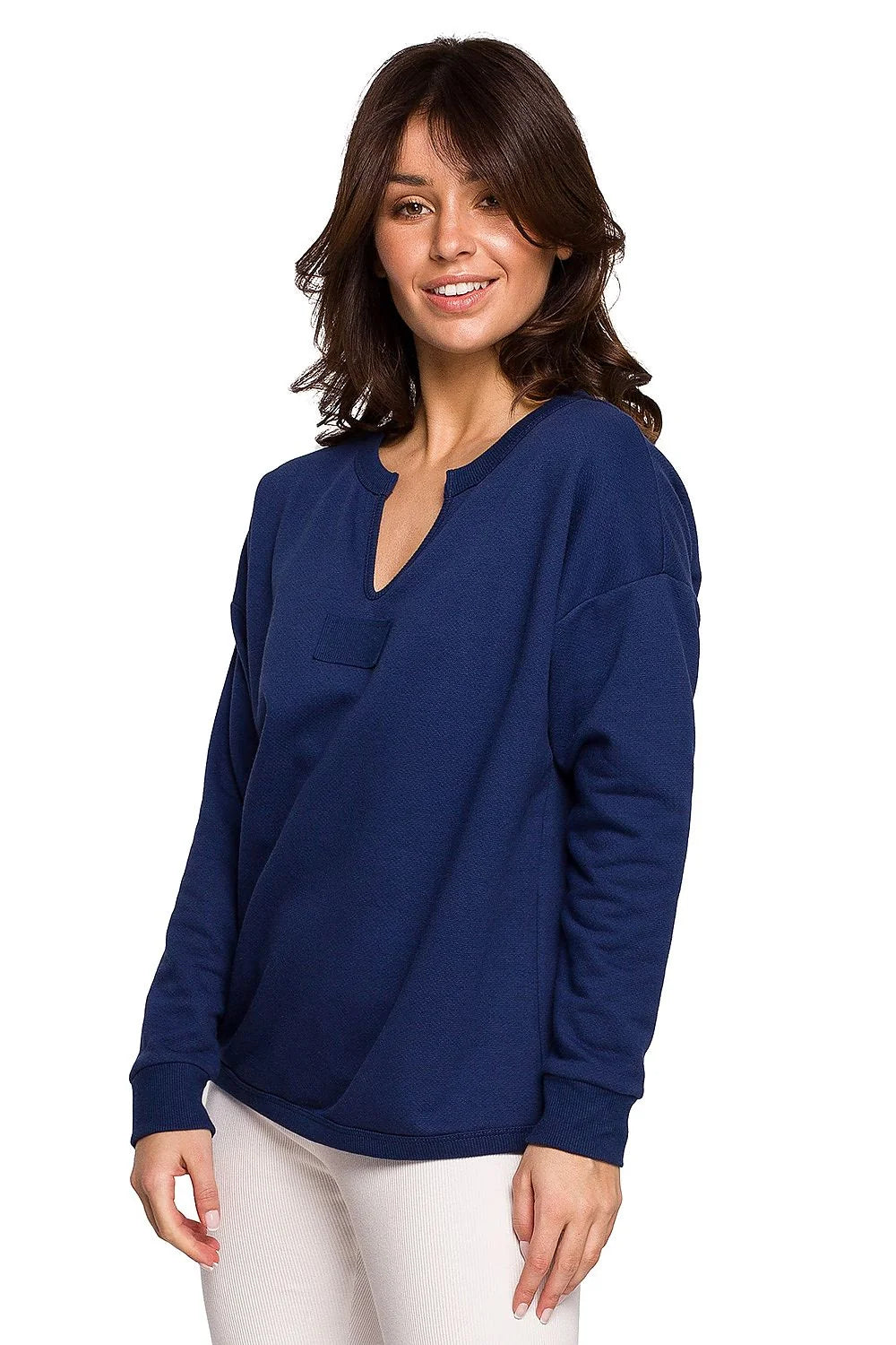 Sweatshirt femme coton coupe ample rose col V manches longues confortable style décontracté élégant