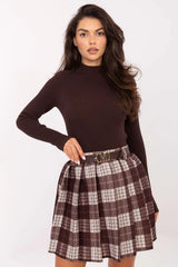 jupe courte plissée carreaux marron écru taillehaute patineuse mini élastiquée ceintureboutonnée boucledoréeM texturée polyester polyvalente automnale chic