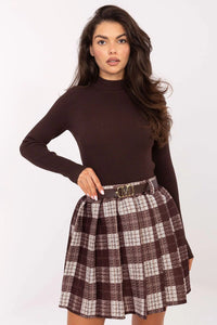 jupe courte plissée carreaux marron écru taillehaute patineuse mini élastiquée ceintureboutonnée boucledoréeM texturée polyester polyvalente automnale chic