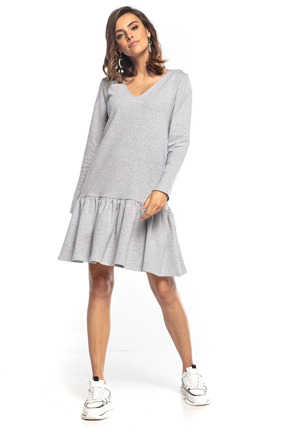 robe Tessita jersey extensible kaki olive courte manches longues encolure V coupe droite évasée volant froncé ourlet confortable quotidien chic