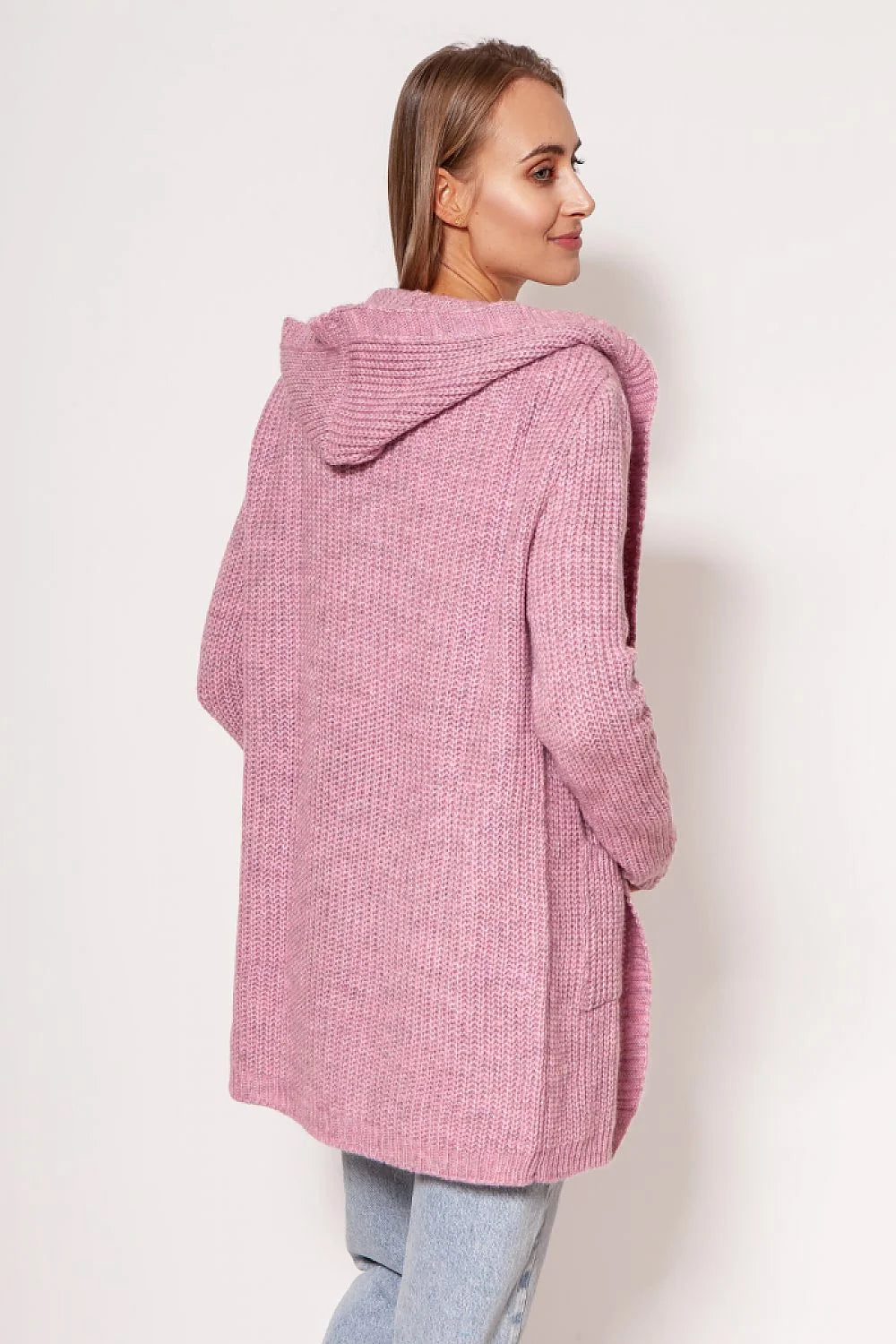 Cardigan long ouvert pour femme en tricot maille rouge vif coupe ample épaules tombantes manches longues poches intégrées matières mixtes acrylique polyester laine