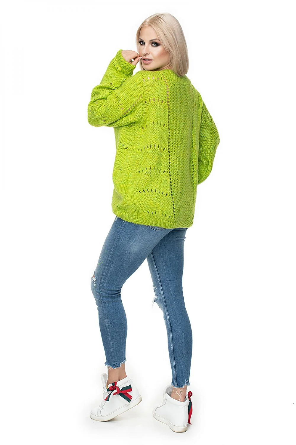 Pullover Femme Moderne Relaxé Manches Longues Vert Clair Fit Oversize Maille Épaisse Détails Ajourés Wool Blend Automne Hiver