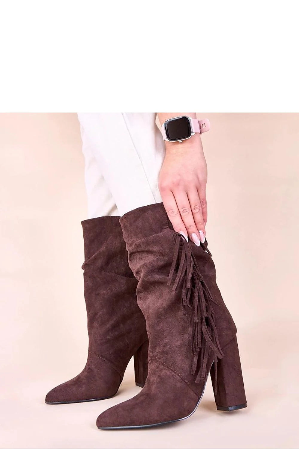 bottines femme daim marron chocolat mi mollet bout pointu talon bloc haut franges latérales western bohème chic confortable