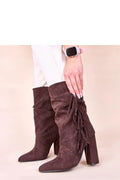 bottines femme daim marron chocolat mi mollet bout pointu talon bloc haut franges latérales western bohème chic confortable