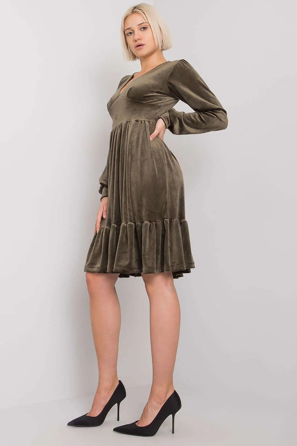 Robe en velours marron élégante manches longues encolure V empire pour femme automne casual