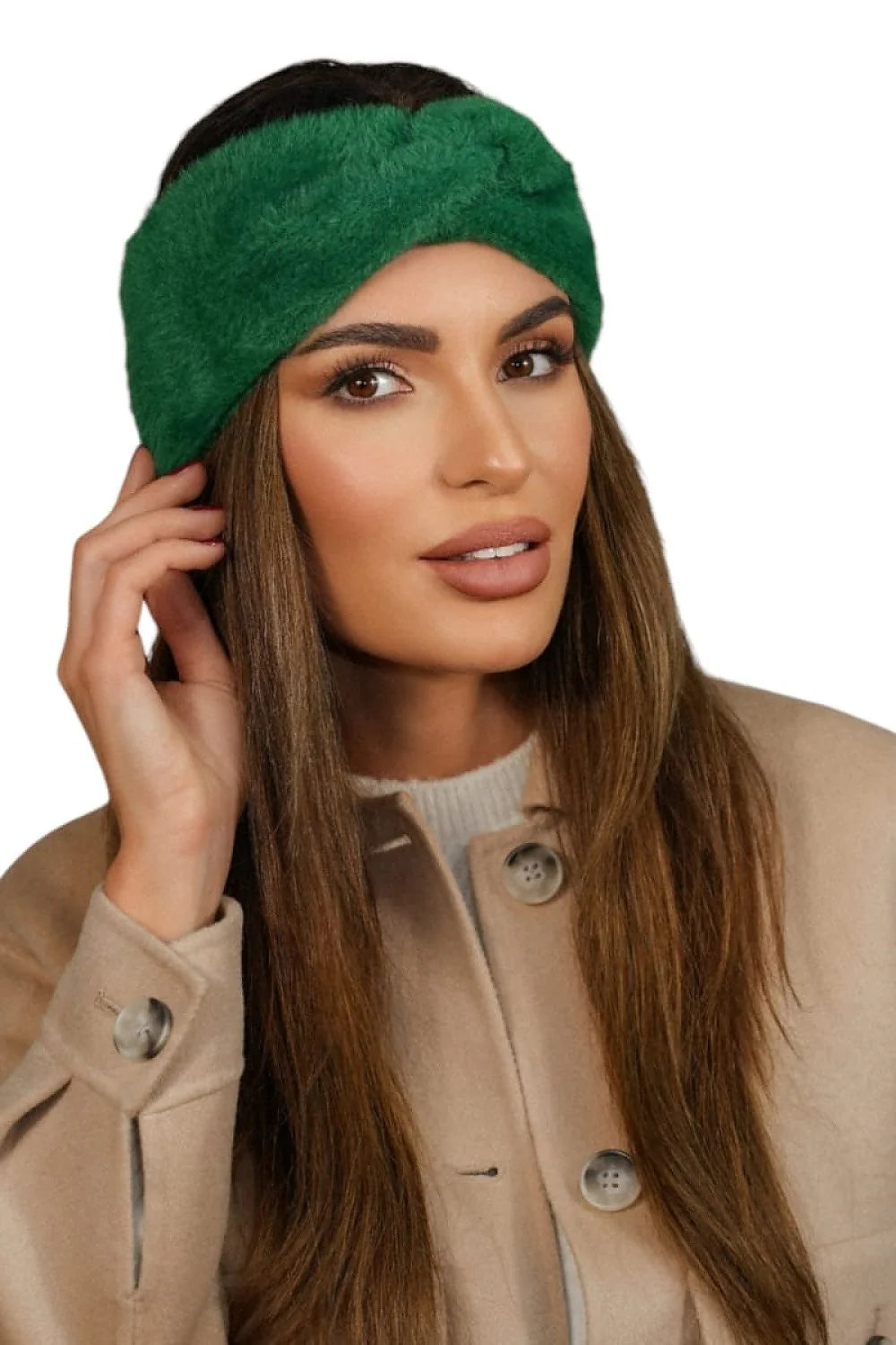 Bandeau d'hiver élégant en peluche vert émeraude pour femme, style torsadé, doublure confortable, ajustement parfait, accessoire mode automne-hiver