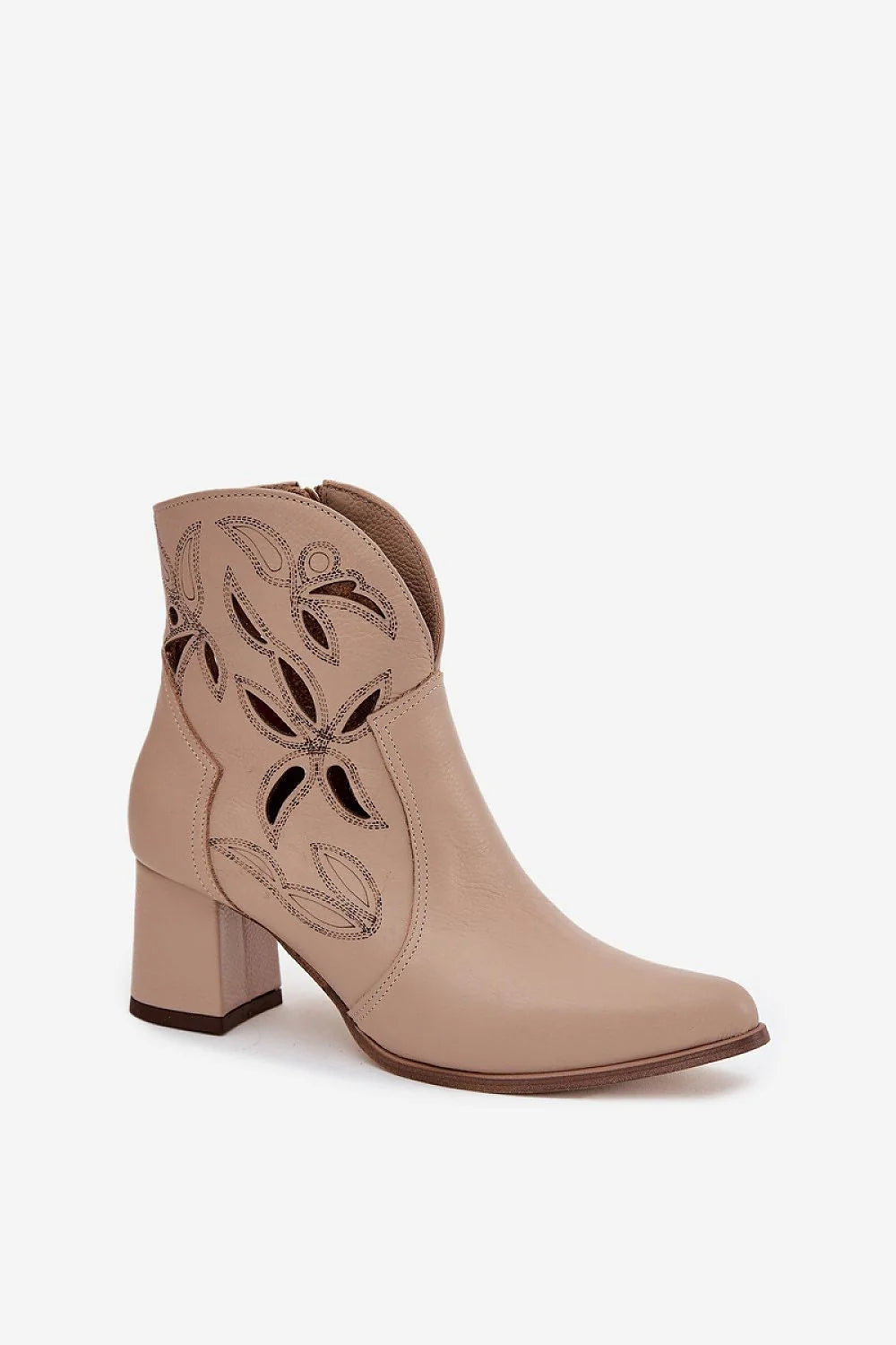 bottines femme cuir naturel beige ajourées floral broderie bout pointu talon bloc moyen tige mi mollet fermeture éclair latérale dorée