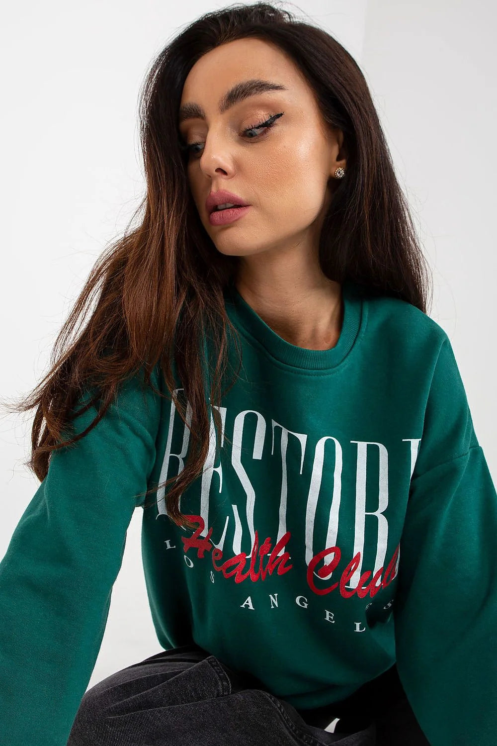 Sweatshirt femme coton imprimé urbain RESTORE Health Club OS ANGELES manches longues col rond côtelé couleur grise