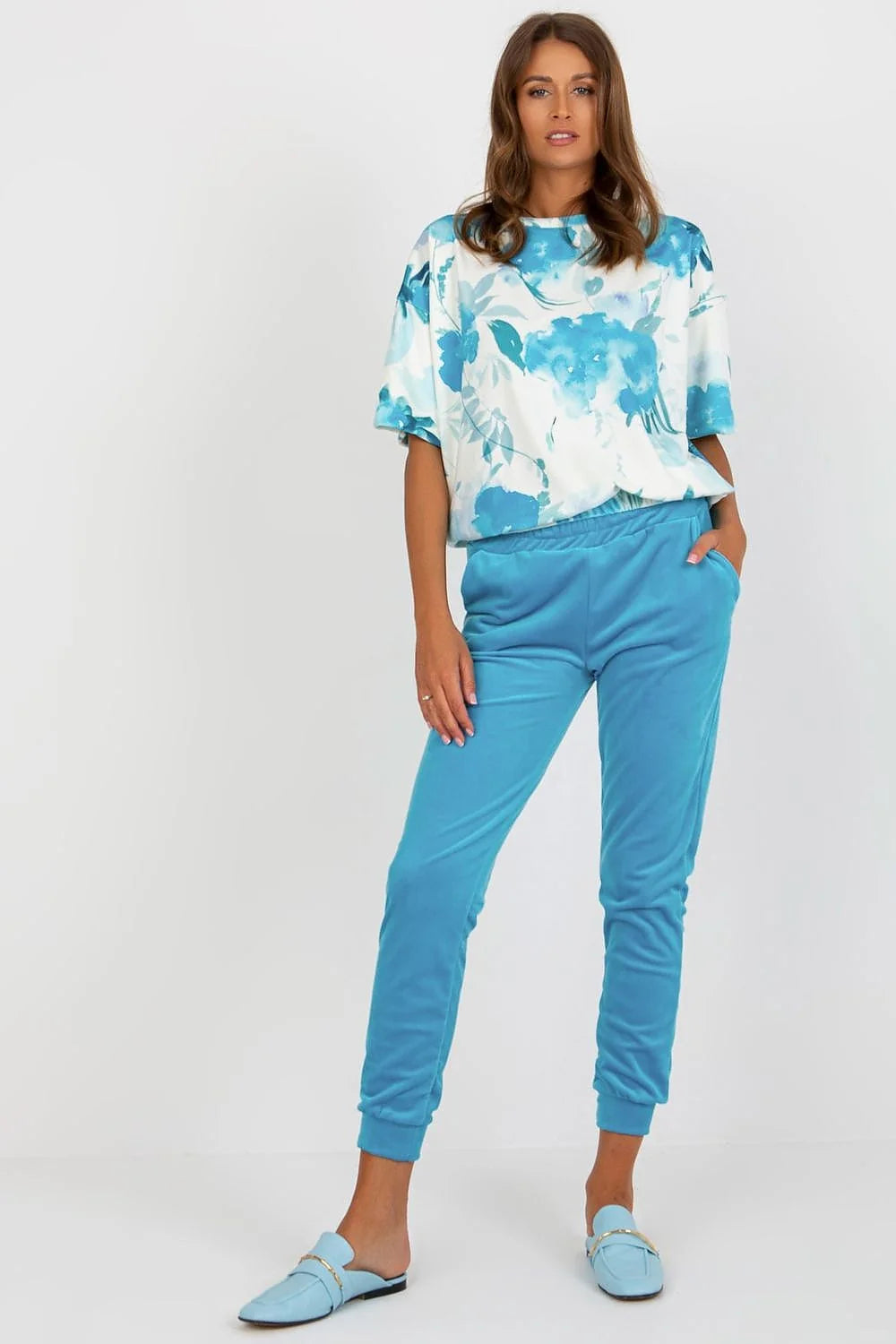 Ensemble femme Rue Paris blouse velours manches courtes encolure ronde pantalon taille haute poches latérales coton élasthanne