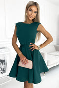 robe jour élégante émeraude patineuse courte sans manches col rond ceinture ajustable buste ajusté jupe évasée tissu lisse polyester élasthanne