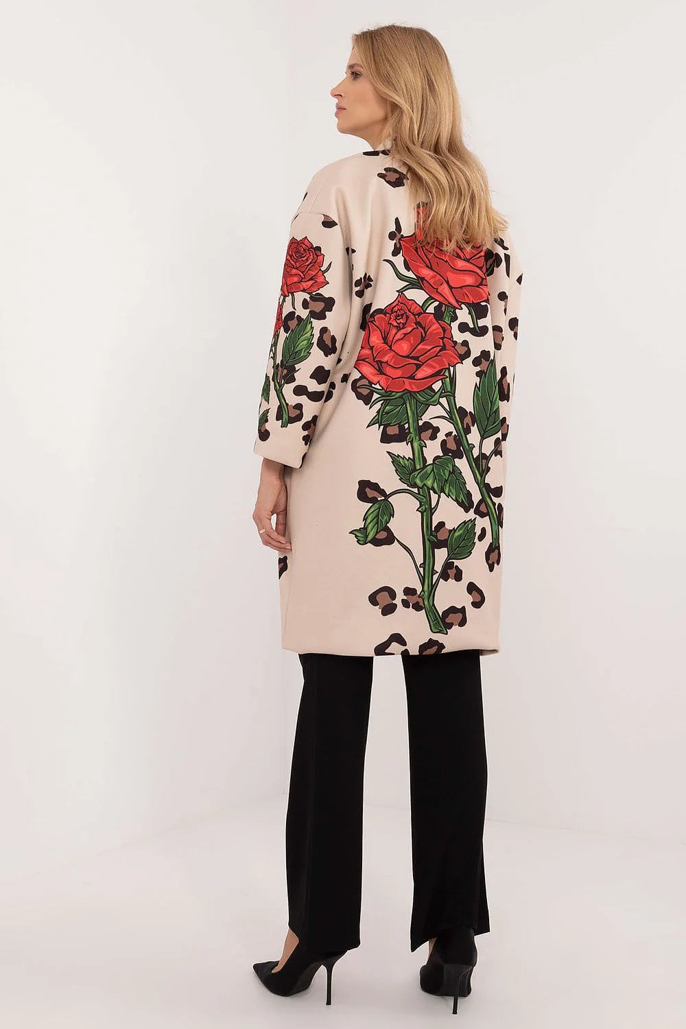 Manteau pour femme Italy Moda transitional longueur standard manches longues tissu léger automne-hiver printemps imprimé roses strass poches glissière