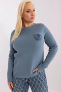 Pull-over femme plus size longueur standard manches longues en viscose bleu ciel pompon en fausse fourrure