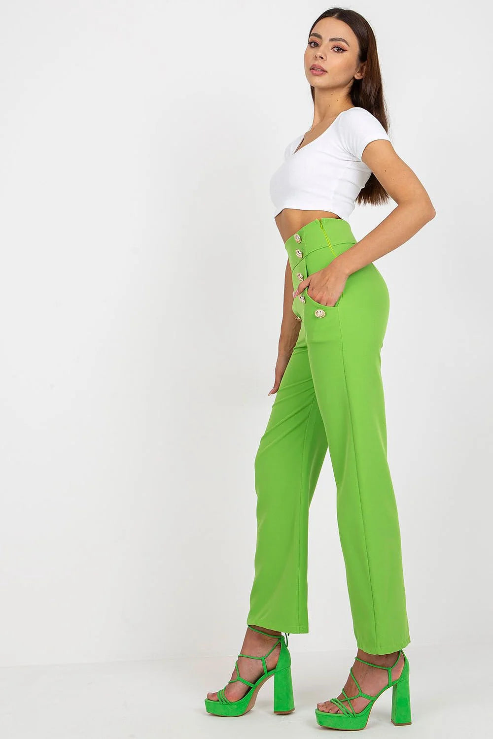 pantalon femme taille haute évasé long beige sable double rangée boutons dorés marin structuré extensible polyester élasthanne cintré sophistiqué