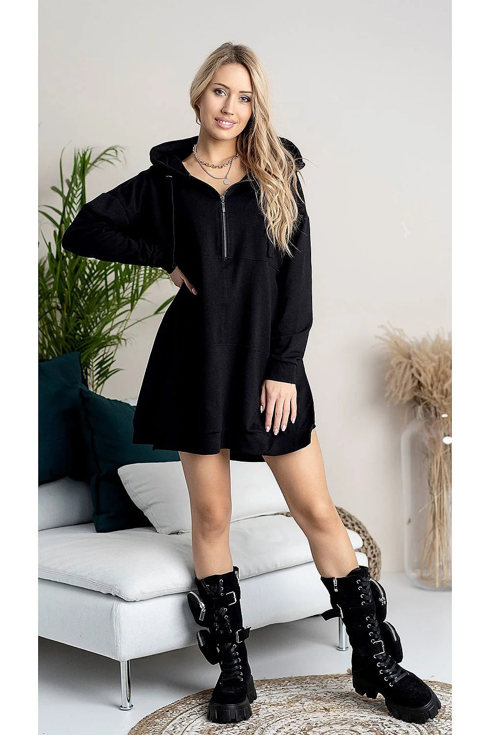 sweatshirt féminin Hajdan confortable capuche oversize ample longueur genoux coton élasthanne molleton doux demi zip cordon serrage manches longues épuré