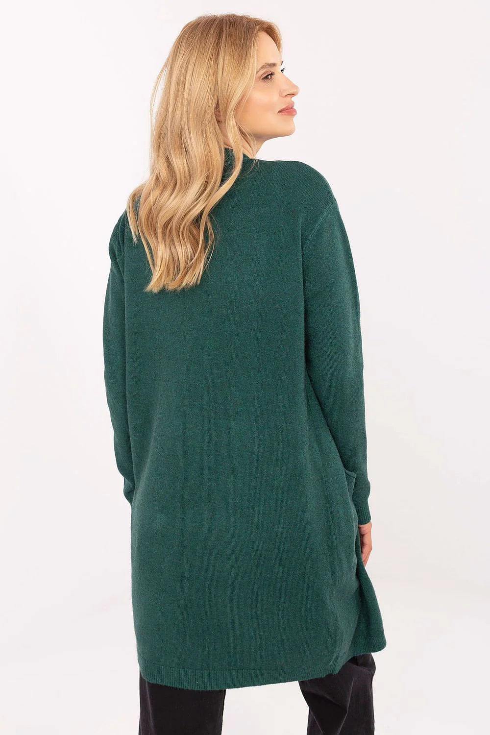 cardigan femme long ouvert maille fine vert sapin col châle mi cuisses manches longues poches plaquées