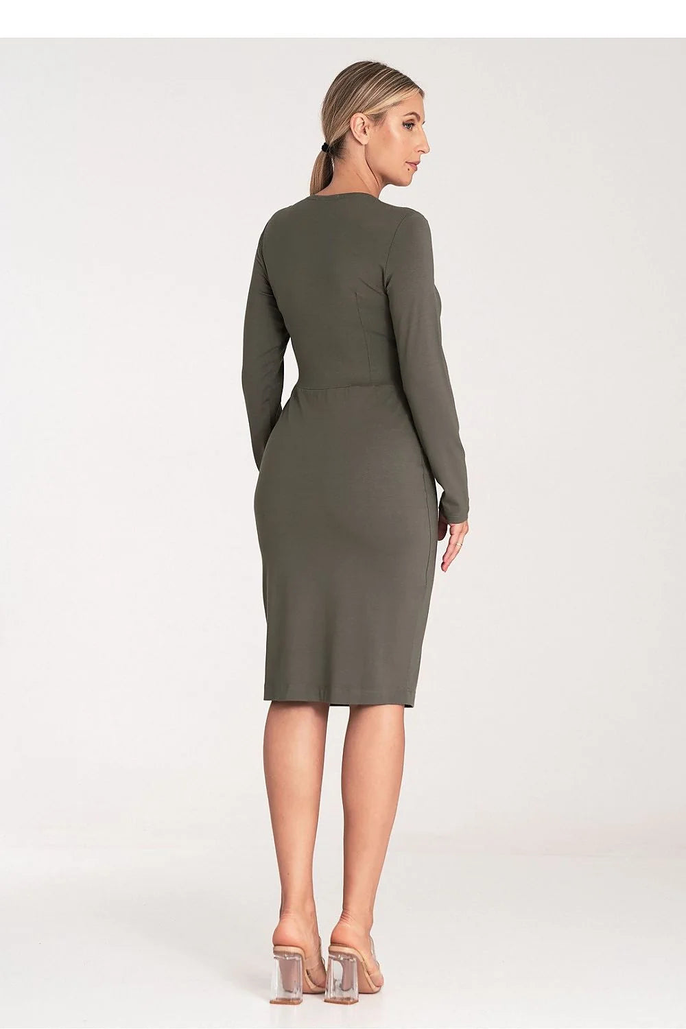 Robe de jour Figl ajustée vert olive manches longues encolure V croisée maille tricotée élasthanne viscose femme