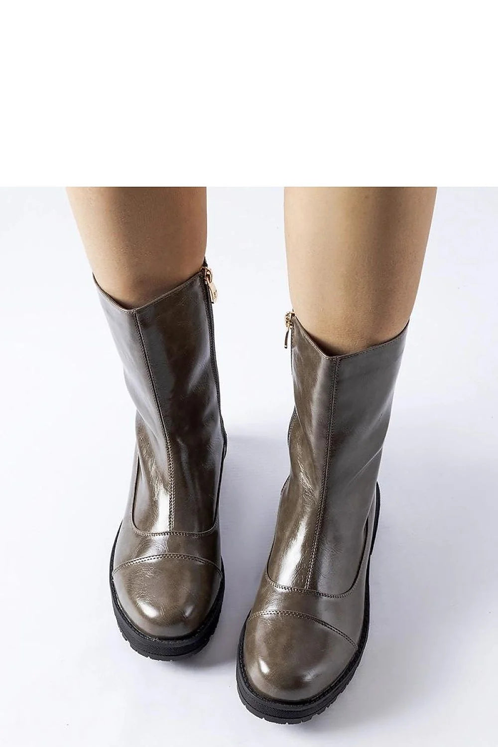 Bottes élégantes femmes couleur marron foncé cuir haute qualité mi-mollet fermeture éclair dorée semelle caoutchouc talon plat