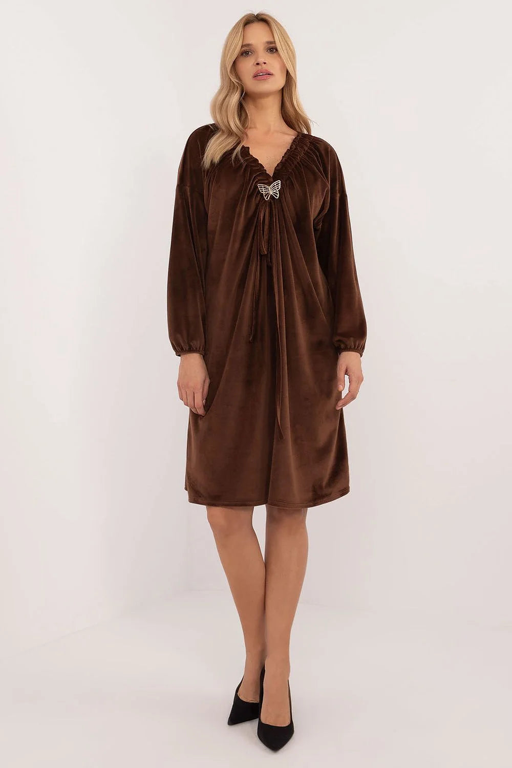 Robe élégante pour femme velours marron profond encolure V manches longues coupe ample occasions quotidiennes
