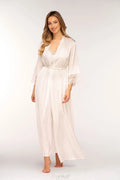 Robe de chambre féminine élégante en satin longue manches 3/4 dentelle ivoire ceinture ajustable femme