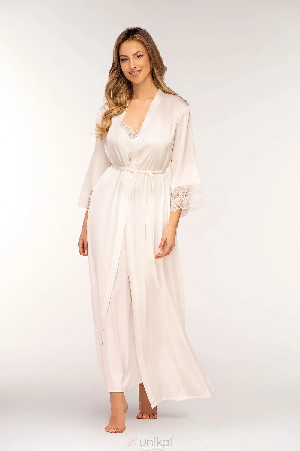 Robe de chambre féminine élégante en satin longue manches 3/4 dentelle ivoire ceinture ajustable femme