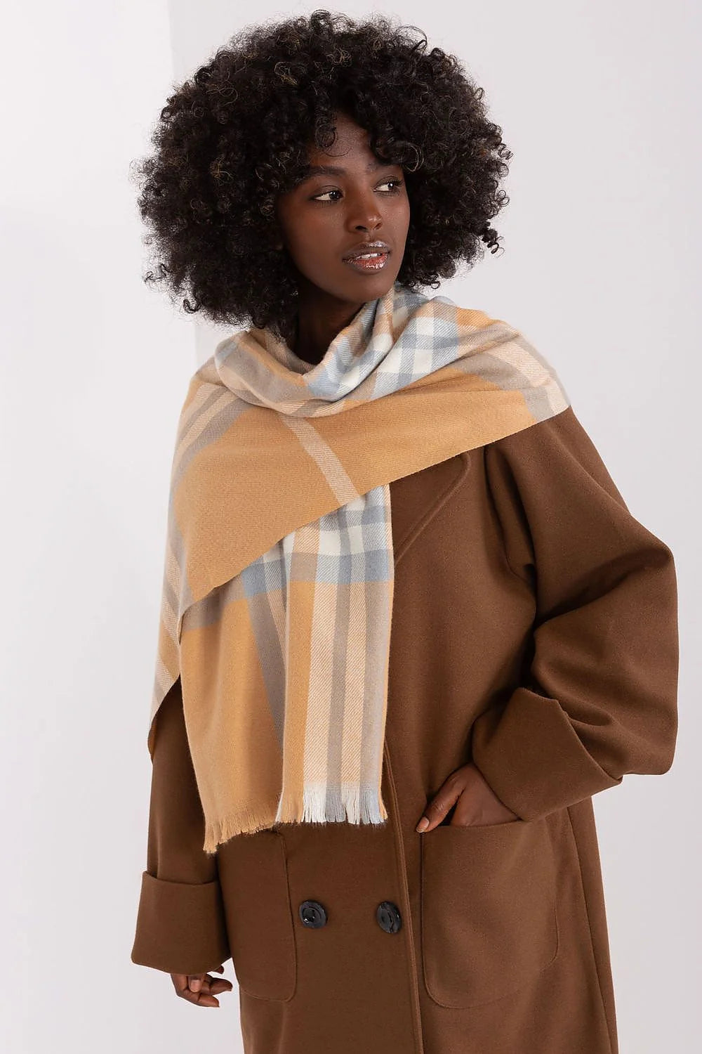 écharpe carreaux colorés châle plaid oversize camel beige blanc cassé bleu pâle polyester doux confortable bords effilochés longueur généreuse