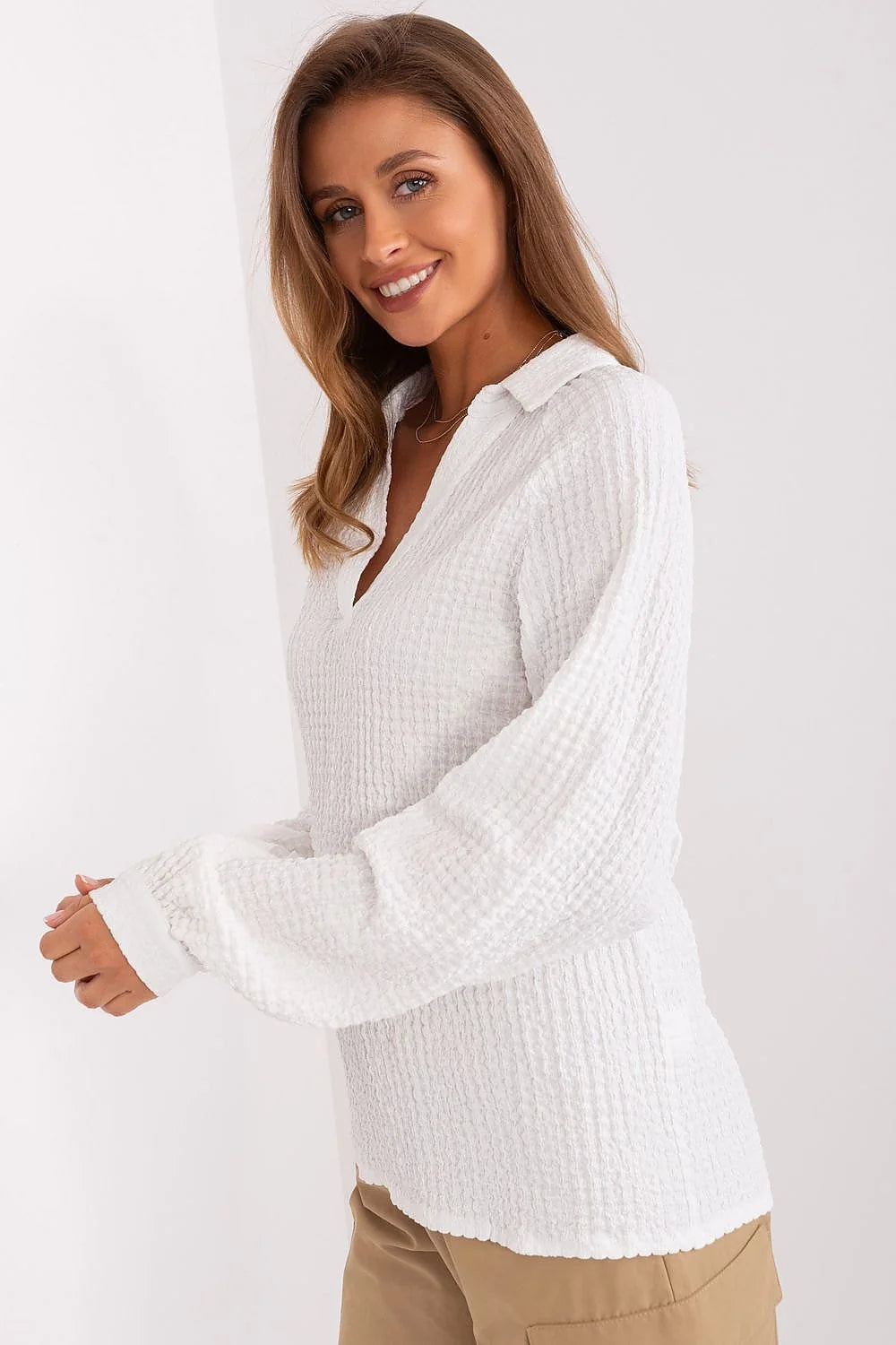 Chemisier femme décontracté en V-neck en polyester coton elasthanne longues manches texture gaufrée occasions multiples mode