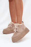 bottines montantes femme suédine écologique beige plateforme massive semelle crantée épaisse fourrure mouton doublure sherpa rembourrée lacets bouclette bout arrondi