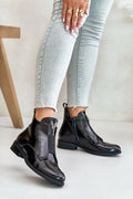Bottines femmes design moderne élégant cuir verni noir talon plat semelle confortable fermeture latérale insert métallique veste cheville