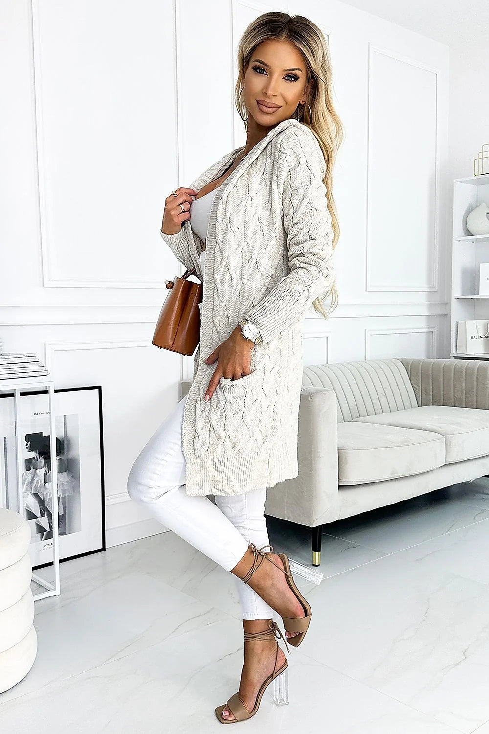Cardigan long ouvert Numoco avec capuche et poches, motif Écossais beige, chaud et confortable, style moderne pour femmes, production européenne