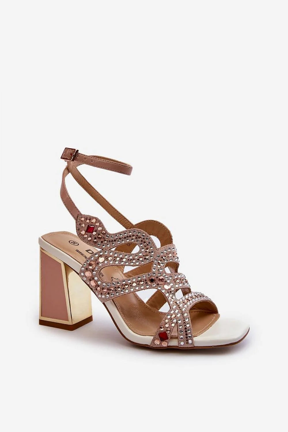 sandales femme talon bloc carré strass doré cuir suédé nude arabesques brides entrecroisées boucle ajustable boutcarré matelassée glamour cérémonie